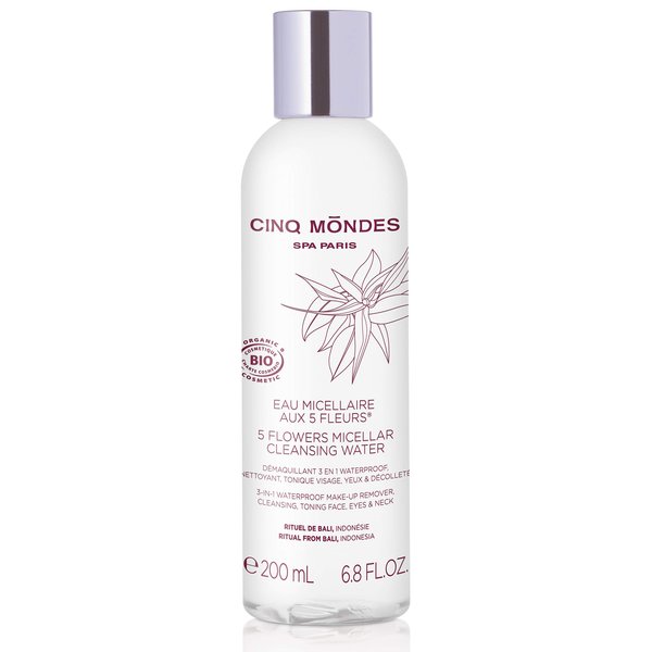 Cinq Mondes Five Flowers Micellar Cleansing Water 6.8 Fl.oz.- French-Crafted Organic Waterproof Eye Makeup Remover - Natural Balinese Flower Extracts - Cleanse And Tone The Skin