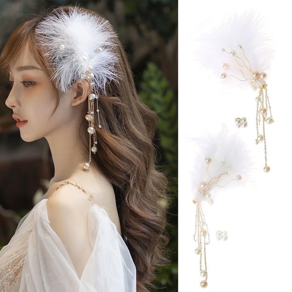 White Feather Hair Clips for Women, A Pair Ballet Style Pearl Ostrich White Swan Feather Hair Pins Accessories, Fly-Wing Shape Hair Barrettes Accessory Hairpins