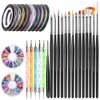 Teenitor Nail Art Brushes, Nail Art Paiting Design Brushes, 15 Nail Gel Brushes, Nail Dotting Pen 5pcs, 12 Colors Nail Rinestones & 10 Adhesive Nail Striping Tape for False Acrylic Nails-Black
