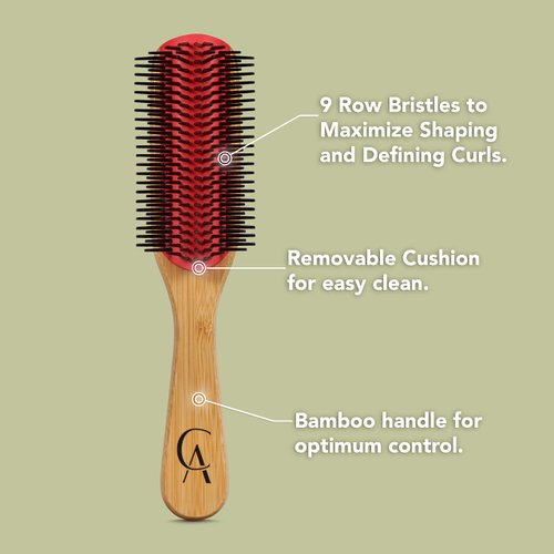 (9 Row) Cushion Removable Bristle Styling Brush D4 for Curly Hair Detangling Brush for Separating, Shaping, Defining Curls, Fixing Hair Style, Shape & Define. (RED)