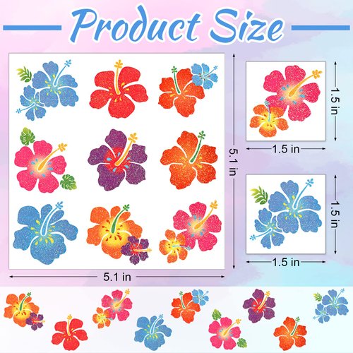 180 Pcs Hibiscus Glitter Sticker Tattoo Temporary Tattoo Summer Fake Flower Stickers Cute Apparel Accessories for Body Face Kids Women Party Favors