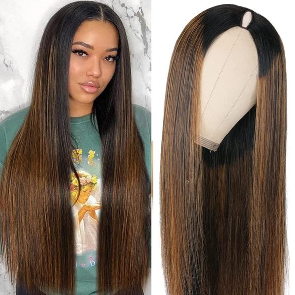 Dixtefo FB30 Ombre V Part Wig Human Hair No Leave Out Upgrade Straight U Part Wig Highlight Blonde No Glue Brazilian Virgin Straight Human Hair Wigs for Women Colored Brown 180% Density 24 Inch