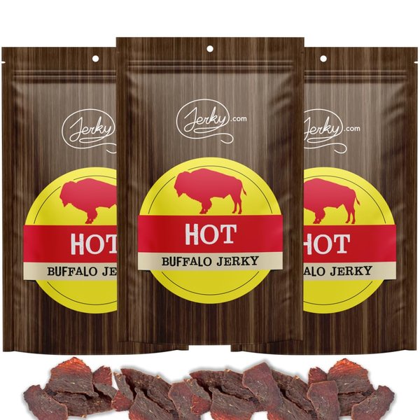 Jerky.com's Hot Buffalo Jerky - 3 PACK - The Best Wild Game Bison Jerky on the Market - 100% Whole Muscle Buffalo - No Added Preservatives, No Added Nitrates and No Added MSG - 5.25 total oz.