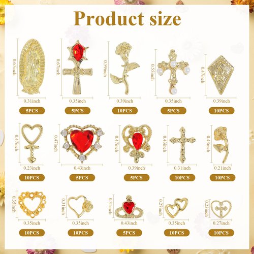 120Pcs Gold Nail Charms Set, Cross Nail Art Jewelry 3D Heart Crystal Rhinestone Gold Rose Charms Virgin Mary Nail Gems, 3D Y2K Nail Charms Luxury Nail Decoration Manicure Design Craft DIY Decoration