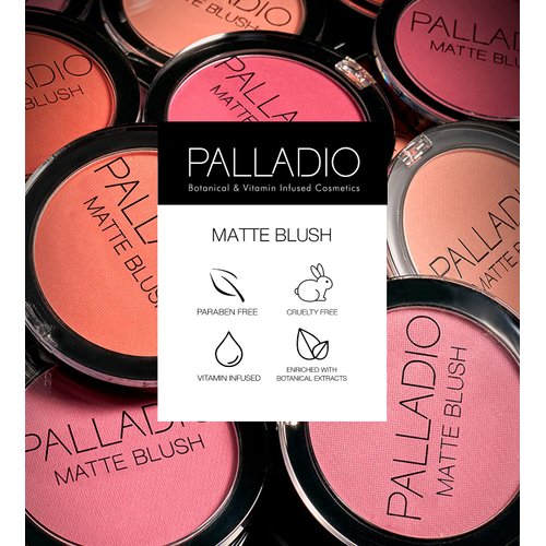 Palladio Matte Blush, Brushes onto Cheeks Smoothly, Soft Matte Look and Even Finish, Flawless Velvety Coverage, Effortless Blending Makeup, Flatters the Face, Convenient Compact, Berry Pink