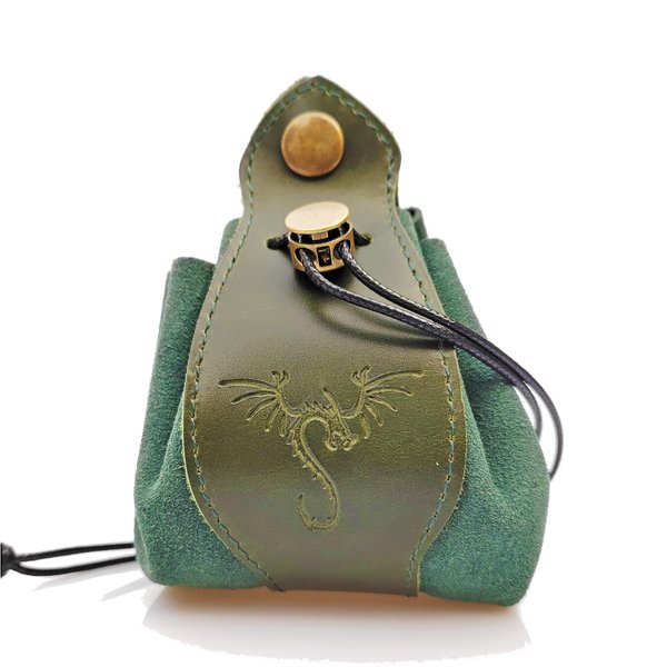 Genuine Leather Dice Bag - Tray, Dragon Themed DND Gift, Drawstring Pouch for Runes or Travel Medicine