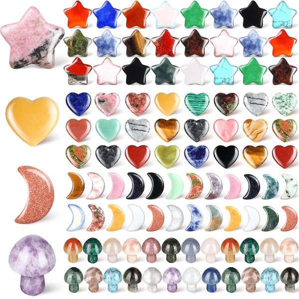 Nuenen 100 Pieces Crystal Mushroom Sculpture Heart Shaped Crystals Moon Star Crystal Stones Bulks Worry Stones Assorted Hand Making Palm Thumb Gemstones for Meditation Meditation Reiki Balancing