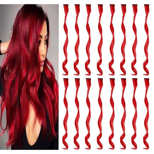 SOYZMYX 16 Pcs Curly Colored Hair Extensions Party Highlights, Multi-Colors Wavy Hairpiece Clip in Synthetic Rainbow Streak for Kids Girls Women 17 inch(Red)