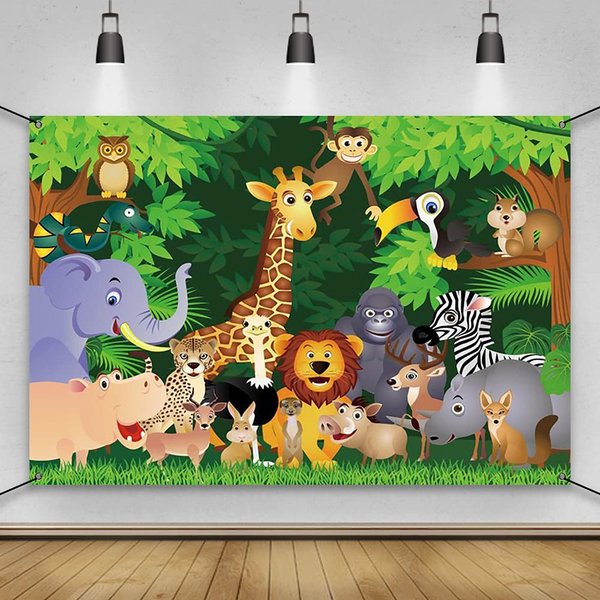 AWERT Polyester 6x3.6ft Cartoon Jungle Animals Banner Jungle Safari Theme Birthday Banner Cartoon Elephant Giraffe Lion Forest Jungle Theme Party Supplies