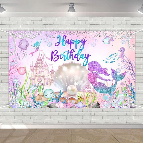 Avezano Mermaid Happy Birthday Backdrop Under The Sea Birthday Party Decorations Little Mermaid Bday Backdrop for Girls Birthday Mermaid Theme Birthday Party Decor 70.8 x 43.3 Inch