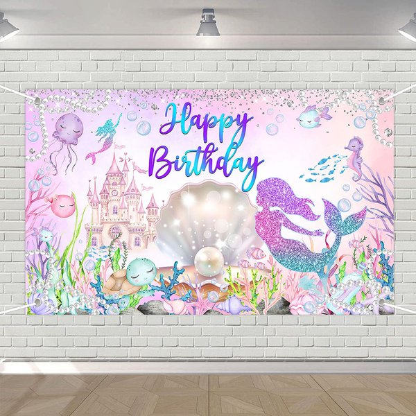 Avezano Mermaid Happy Birthday Backdrop Under The Sea Birthday Party Decorations Little Mermaid Bday Backdrop for Girls Birthday Mermaid Theme Birthday Party Decor 70.8 x 43.3 Inch