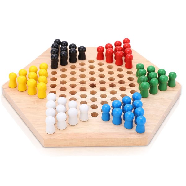 Wooden Chinese Checkers Board Game Set, Colorful Chinese Checkers Board Game Classic Strategy Family Board Game for Kids and Adults 7.8 inch