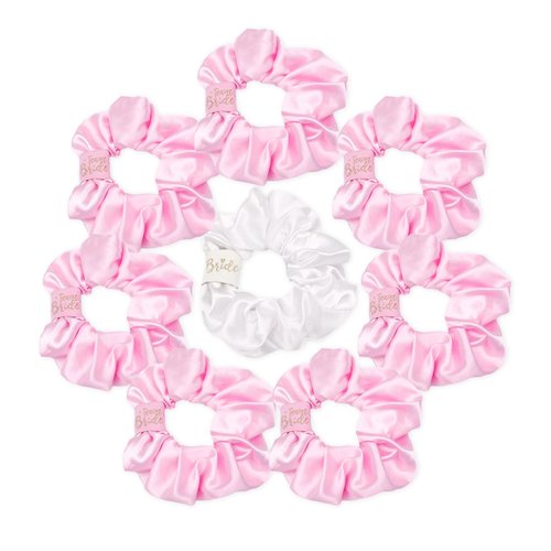 CIEHER 8 Pcs Hair Scrunchies for Bachelorette Party Favors, Bride & Bridesmaid Scrunchies Bachelorette Party Hair Ties, Bridal Shower Decorations Bride Bridesmaid Proposal Gifts (White & Pink)