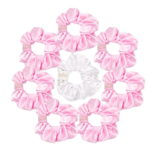 CIEHER 8 Pcs Hair Scrunchies for Bachelorette Party Favors, Bride & Bridesmaid Scrunchies Bachelorette Party Hair Ties, Bridal Shower Decorations Bride Bridesmaid Proposal Gifts (White & Pink)