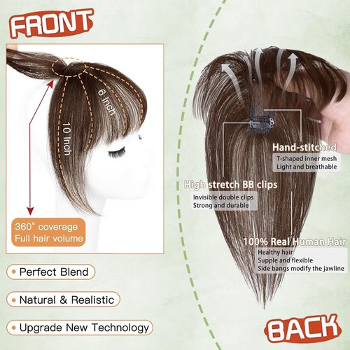 Hair Toppers For Women Real Human Hair 3D French Bangs Hair Clip(6 * 8) 360° Cover Clip In Bangs Real Human Hair Mocha Brown 100% Human Hair Toppers For Women