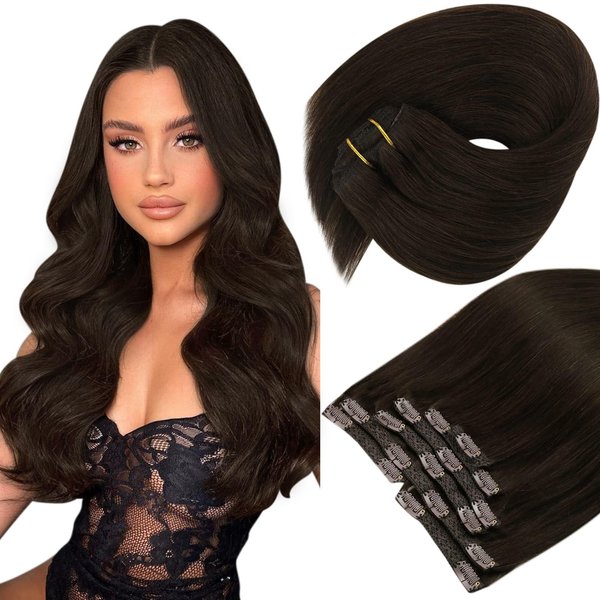 Sunny Clip in Hair Extensions Dark Brown Remy Hair Extensions Real Human Hair Clip ins Brown Natural Hair Clip in Extensions Dark Brown Hair Extensions Color 2 120G 18inch 7Pcs