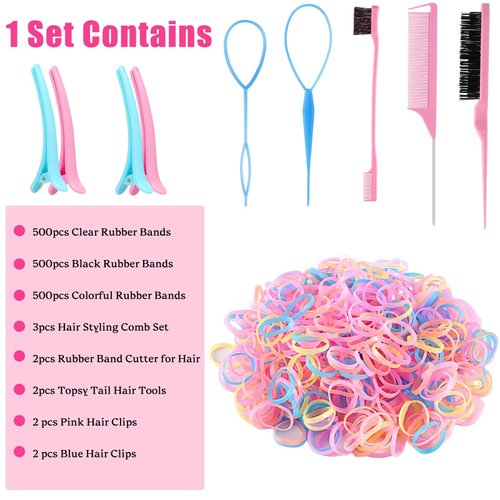 Colorful Mini Rubber Bands for Hair, Rubber Band Cutter for Hair, Topsy Tail Hair Tools, etc. Elastic Hair Ties with Styling Hair Tools for Baby Girls Women