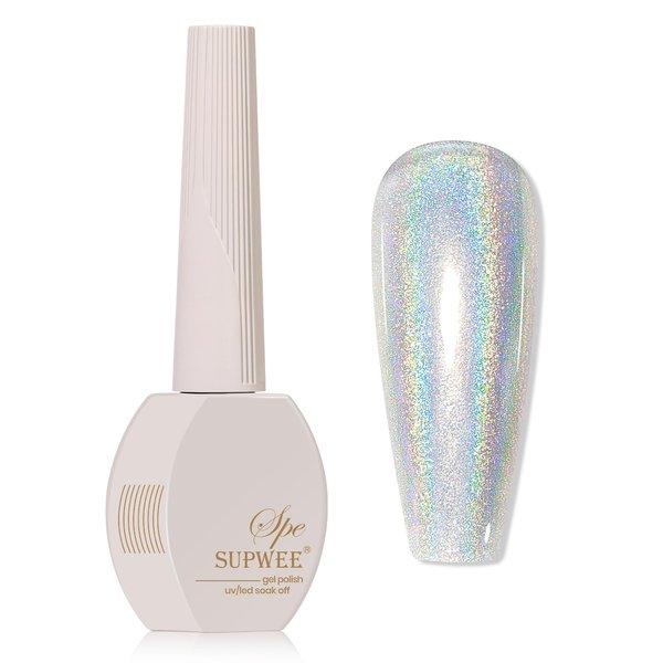 SUPWEE Holographic Nail Polish Gel -15ml Silver Glitter Gel Nail Polish Sparkle Mermaid Unicorn Effect High Glossy Shine UV Gel Nail DIY for Home Manicure