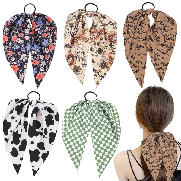 Jaczora 5 PACK Cow Style Headband,Floral Style Headband,Grid Style Headband,Cow Print Bandana,Rabbit Bunny Ear Bow Bowknot Ponytail Scarf Scrunchies for Women Girls