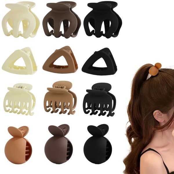 Kasmena 12Pcs Small Claw Clips for Women Girls, Medium Matte Hair Claw Clips for Thick Thin Hair Strong Hold Ponytail Claw Clips Octopus Double Row Teeth Claw Hair Accessories (Neutral)