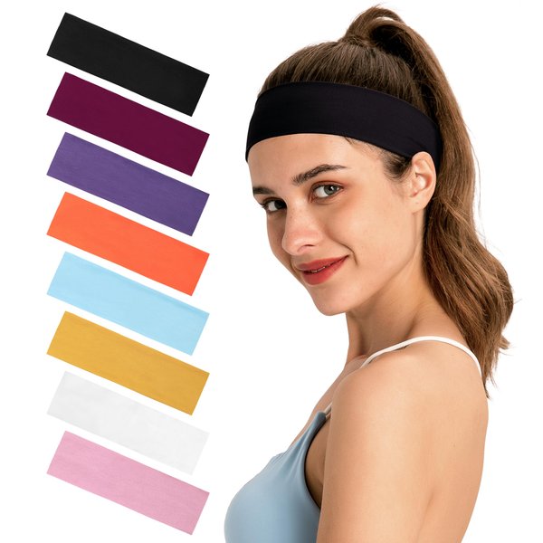 Headbands for Women 8-Pack Vibrant Yoga & Sports Sweat Headbands - Cotton Stretchy Non-Slip Hair Bands (Black,Magenta,Purple,Orange,Light Blue,Yellow,White,Pink,Set3)