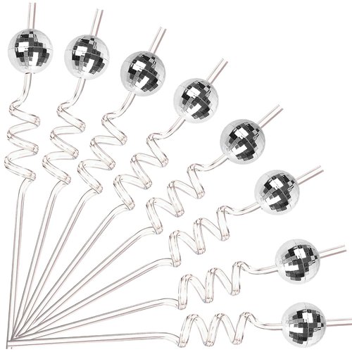 HBBWWTT Pink Disco Ball Reusable Swirly Straw 12 pcs, Disco Bachelorette Decorations,Groovy Birthday Party Supplies, 70s 80s, Best for Your Party (silver)