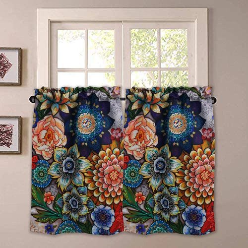 YoKii Boho Floral Kitchen Curtains 36 Inch, Blackout Curtains for Small Windows Colorful Modern Farmhouse Flower Patterned Rod Pocket Short Curtains for Kitchen Bathroom(Tiers - 24 x 36, Colorful)