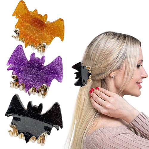 3 Pcs Halloween Hair Claw Clips, Glitter Purple Gold Black Bat Shape Hair Clips, Goth Bat Design Cute Halloween Hair Accessories 3Pcs Funny Ponytail Clip Hair Decorations