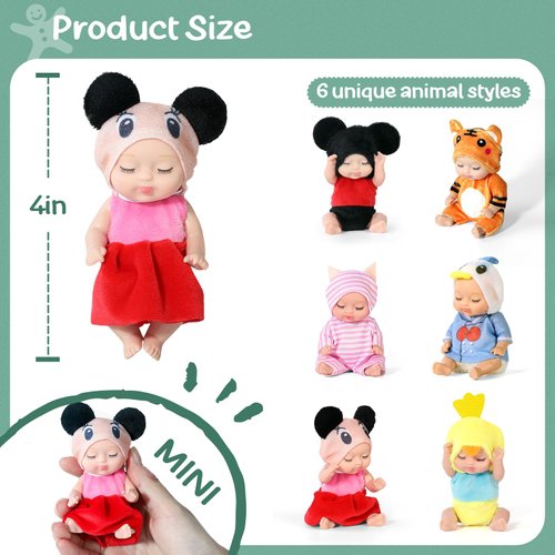 Christoy 6 Sets 4 Inch Dolls Mini Reborn Baby Dolls with Animal Clothes Realistic Baby Doll Set for Girls Boys Toddlers and Kids 3+ (B)