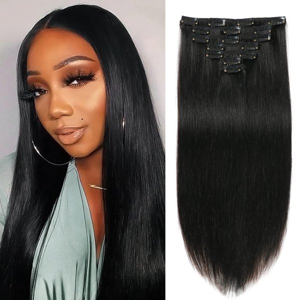 Clip in Hair Extensions Real Human Hair for Black Women Straight Remy Human Hair Extensions 100% Unprocessed Full Head 7 Pcs with 16 Clips Human Hair (20 Inch,#1 Jet Black)