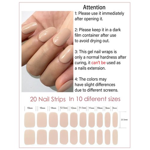 Wahrshei Semi Cured Gel Nail Strips, 20pcs N Nude Gel Nail Stickers Work with UV, Gel Nail Wrapsfor Home Nail Art DIY, Easy to Use and Remove