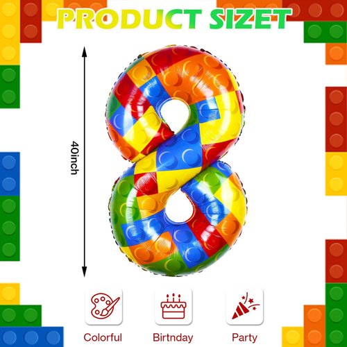 40 Inch Building Block Number Balloon, Number 8 Balloons Colorful Number Block Foil Balloons Big Helium Balloon Numbers for Girls Boys Birthday Brick Theme Party Decorations (Number 8)