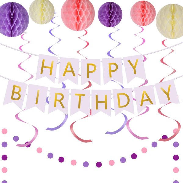 Pink and Purple Birthday Decorations, Happy Birthday Decorations Kit for Women Girls Happy Birthday Banner with Honeycomb Ball Circle Dot Garland Hanging Swirls for Birthday Party