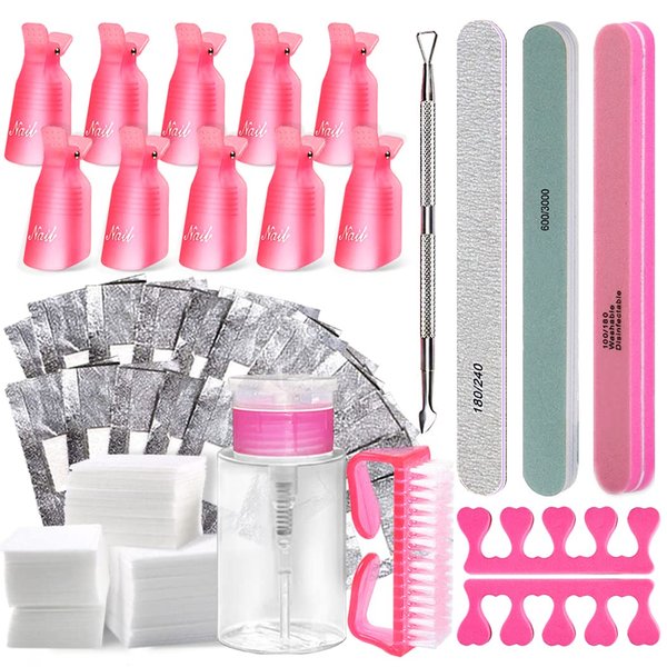 Gel Nail Polish Remover Tools Kit Acetone Acrylic Nails Tool Sets, With Nail Clips, Wipes, Cutter, Pump, Nail Buffer Shiner Files, Brush