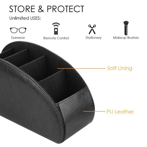 SITHON Remote Control Holder with 5 Compartments - PU Leather Remote Caddy Desktop Organizer Store TV, DVD, Blu-Ray, Media Player, Heater Controllers, Black