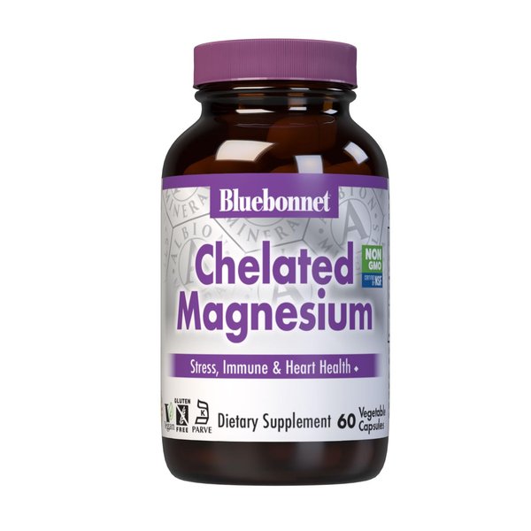 Bluebonnet Nutrition Albion Chelated Magnesium Vegetable Capsule, 200 mg, Stress Relief, Vegan, Non GMO, Gluten Free, Soy Free, Milk Free, Kosher, 60 Vegetable Capsule, 1 Month Supply