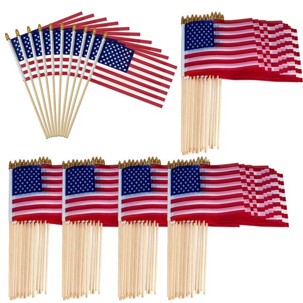 110 Pcs Small American Flags on Stick - 8 x12 Inches Mini American Flags with Safety Spear Tip - Bulk Solid Wooden Pole Handheld US Flag for Parades Independence Day Memorial Day 4th of July Decorations