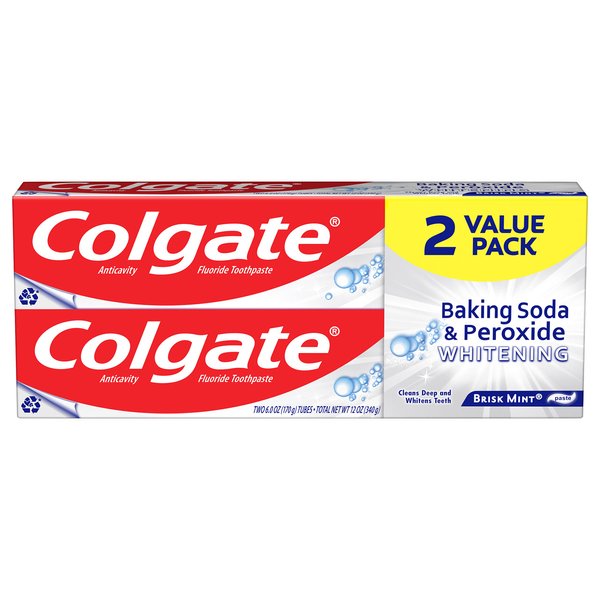 Colgate Baking Soda & Peroxide Toothpaste - Whitens Teeth, Fights Cavities & Removes Stains, Brisk Mint, 6 Ounce (Pack of 2)