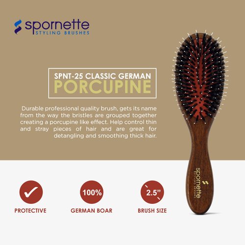 Spornette Classic German Porcupine Brush - Boar Bristles & Ball-Tipped Nylon Bristle Hair Brush with Wooden Handle - For Detangling, Straightening & Smoothing - For All Hair Types, Kids, Men & Women