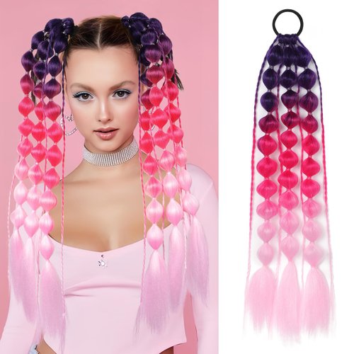 Colored Hair Extensions, Behufun 20" Lightweight Colored Hair Extensions for Kids Bubble Ponytail Extension with Hair Tie, Ombre Crazy Hair Day Accessories for Girls for EDC Festival Rave C25