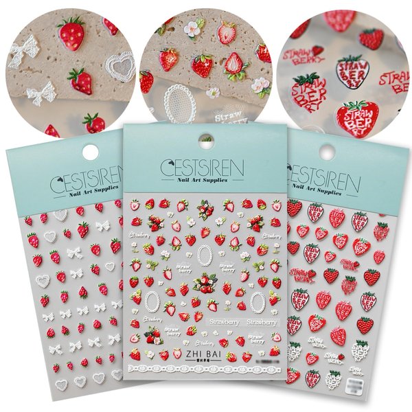 CESTSIREN Strawberry Lace Nail Art Stickers 3D Embossed Nail Decals for Nail Art Design Self-Adhesive Nail Accessories for Women Nail Art Supplies 3 Sheets