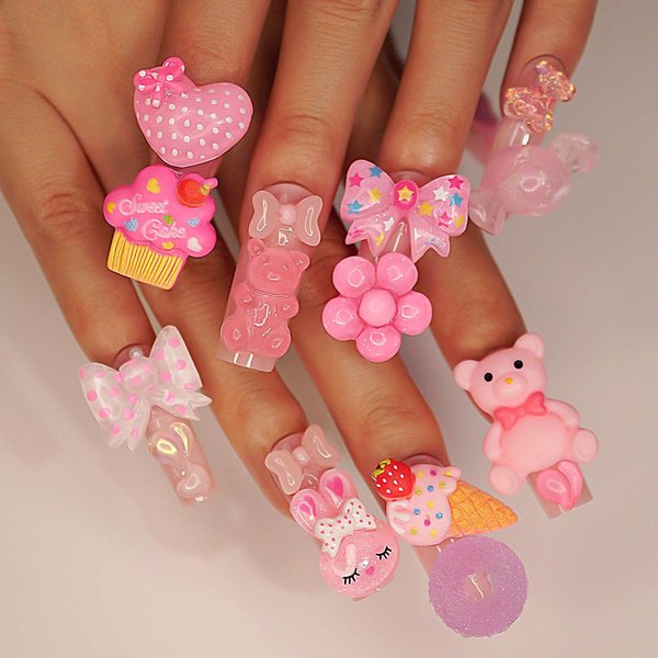 Press on Nails Long Coffin Fake Nails Extra Long Glue on Nails Special False Nails with 3D Bear Candy Doughnuts Bow Heart Flower Ice Cream Design Cute Acrylic Nails Gift for Women and Girls 24 Pcs