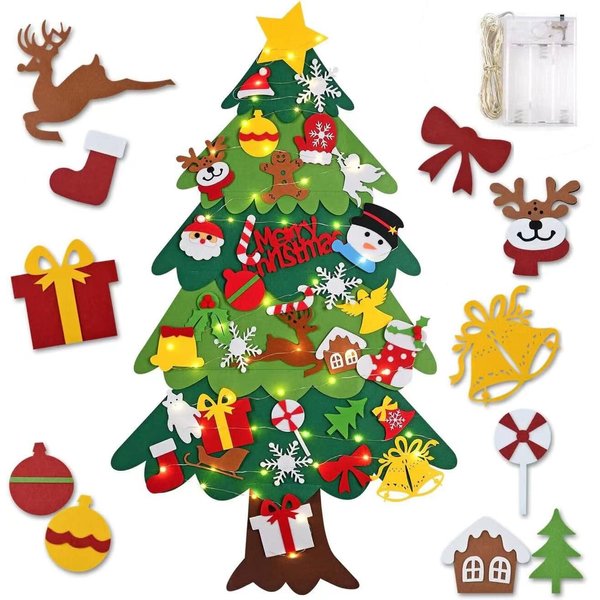 WooEver DIY Felt Christmas Tree Set 3.5ft, Xmas Decorations Wall Hanging 33 Detachable Ornaments with String Light Kids Gifts New Year Party Supplies (Batteri Not Included)