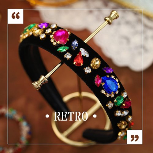 Firuilo Baroque Colorful Headband Crystal Rhinestones Hairband with Beaded Hair Ties Bejeweled Wide Head Band for Women and Girls