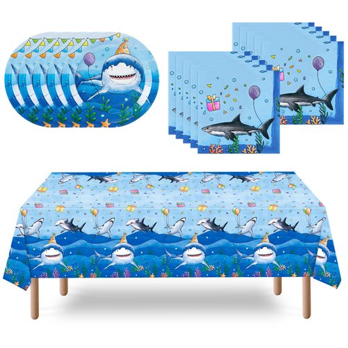WERNNSAI Shark Party Supplies Set-33 Pcs Blue Ocean Birthday Party Decorations Disposable Under The Sea Party Tablecloth Plates Napkins for Boys Baby Shower Ocean Shark Theme Party Serve 16 Guests