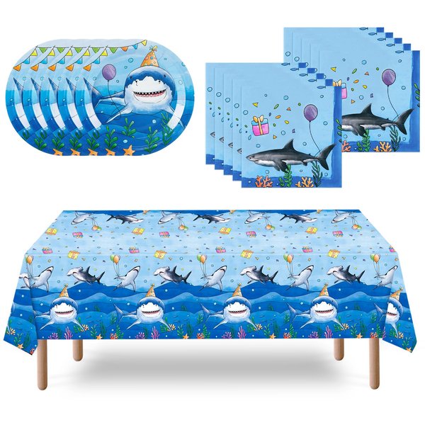 WERNNSAI Shark Party Supplies Set-33 Pcs Blue Ocean Birthday Party Decorations Disposable Under The Sea Party Tablecloth Plates Napkins for Boys Baby Shower Ocean Shark Theme Party Serve 16 Guests