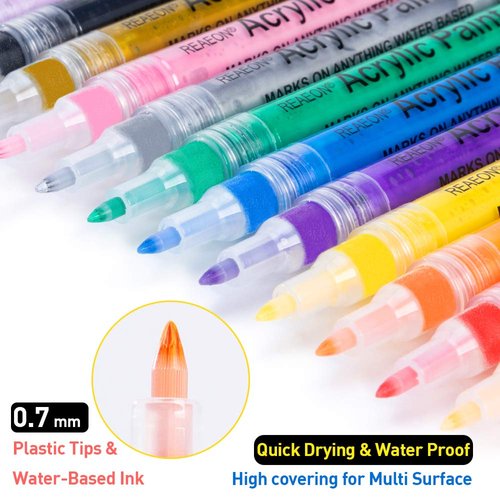 Reaeon Acrylic Paint Pens, Paint Marker for Rock Painting, 18 Colors Permanent Acrylic Markers Fine Tip Ideal for Craft, Glass, Fabric, Ceramic and More