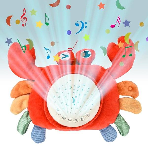 FOSENHL Plush Crab Stuffed Animal Sensory Toys, with Music, Star Projector and Mirror for Babies and Toddlers
