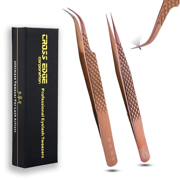 My Lash Tools - New Fiber Tip Lash Tweezers for Eyelash Extensions Tweezers SET OF 2 Mini Isolation & Microgrip Tip Curved Volume Tweezers Japanese Steel Lashing Tweezer (Rose Gold)