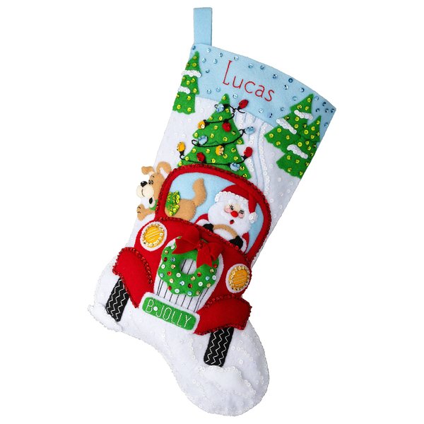 Bucilla, Jolly Deliveries, Felt Applique 18" Stocking Making Kit, Perfect for DIY Arts and Crafts, 89552E